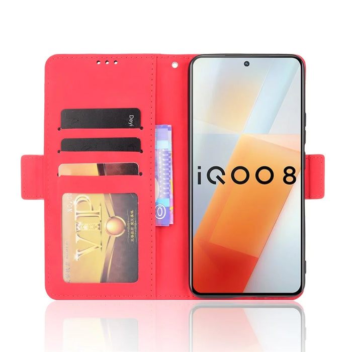 Multiple Card Slot Design Flip Phone Case PU Leather Wallet Cover Protector for vivo iQOO 8 - Red - 4