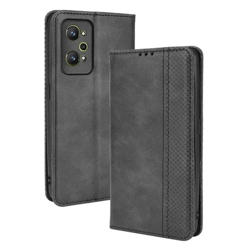 For Realme GT Neo2 5G/GT Neo 3T 5G Anti-Drop Retro Textured Surface Protective Phone Leather Case Wallet Stand Cover - Black - 1
