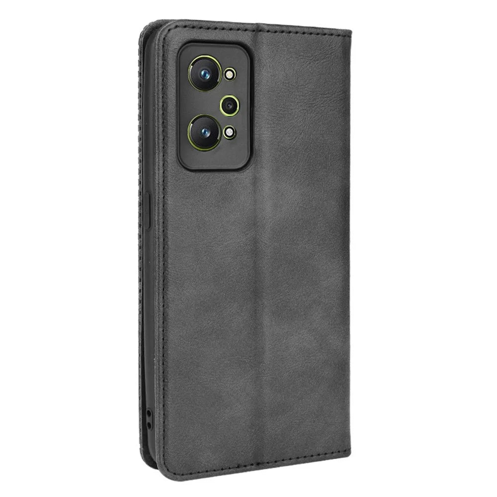 For Realme GT Neo2 5G/GT Neo 3T 5G Anti-Drop Retro Textured Surface Protective Phone Leather Case Wallet Stand Cover - Black - 3
