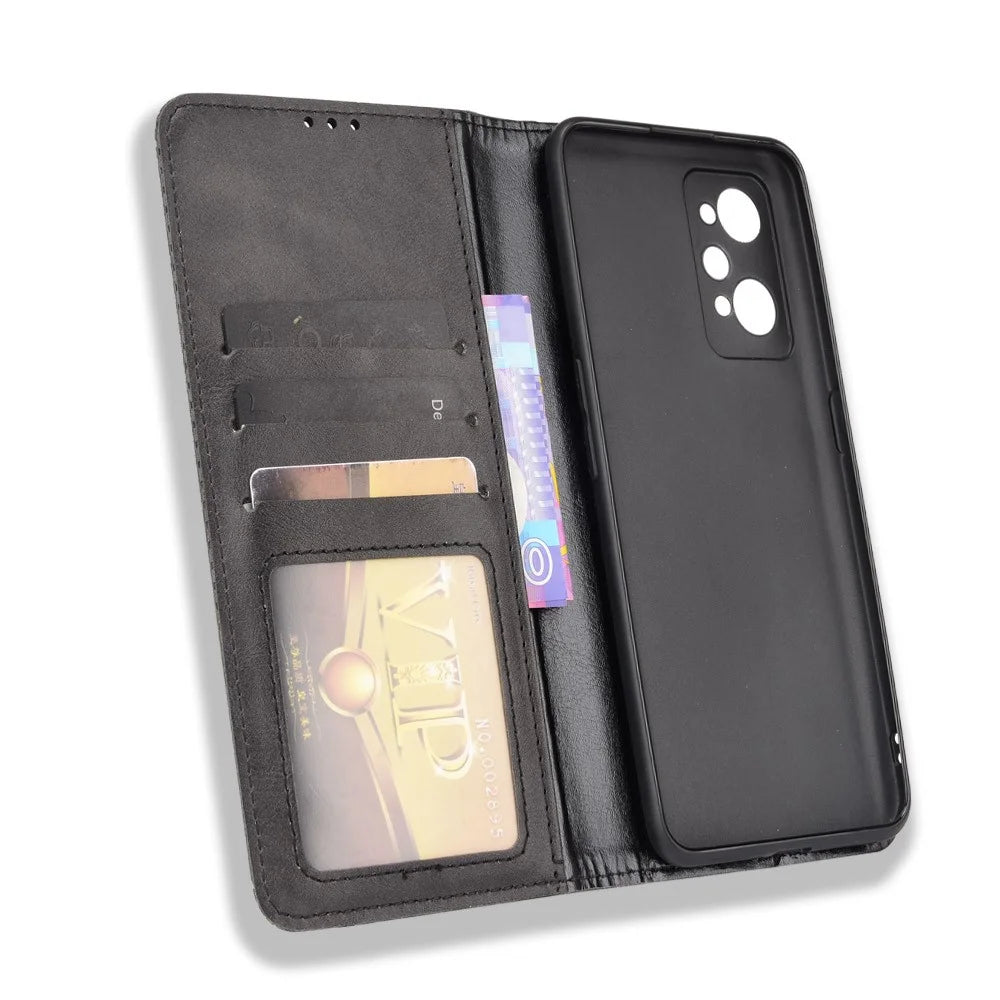 For Realme GT Neo2 5G/GT Neo 3T 5G Anti-Drop Retro Textured Surface Protective Phone Leather Case Wallet Stand Cover - Black - 6
