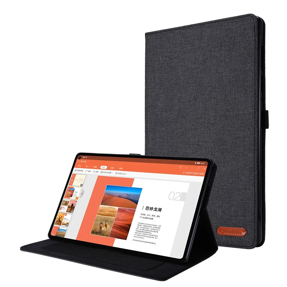 Card Slots Design Cloth Texture PU Leather Folding Folio Stand Cover for Realme Pad 10.4 inch - Black - 1