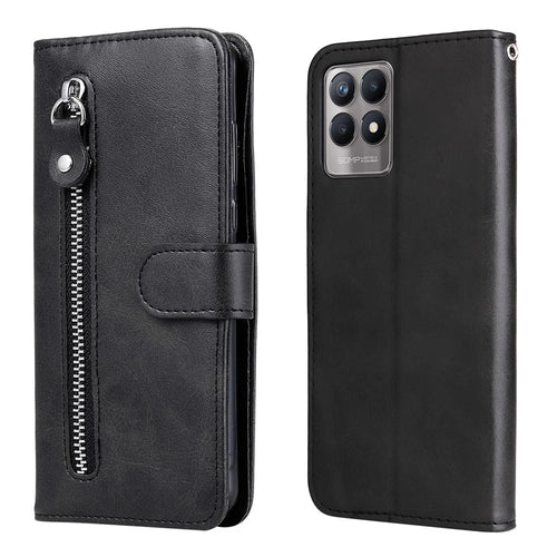Folio Flip PU Leather Phone Case Zipper Pocket Design Wallet Drop-Resistant Case with Stand for Realme 8i/Narzo 50 4G - Black - 1