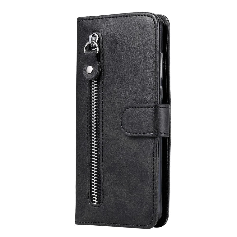 Folio Flip PU Leather Phone Case Zipper Pocket Design Wallet Drop-Resistant Case with Stand for Realme 8i/Narzo 50 4G - Black - 3