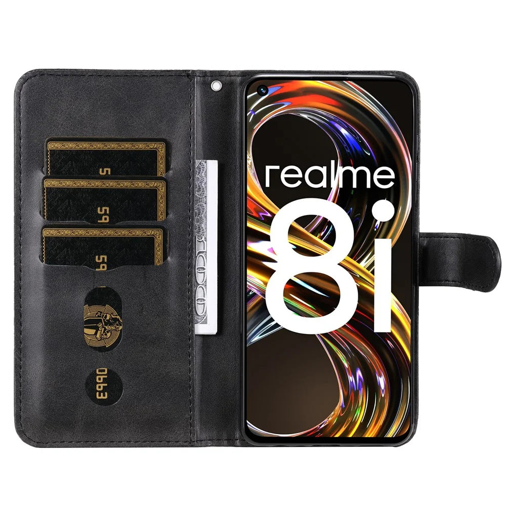 Folio Flip PU Leather Phone Case Zipper Pocket Design Wallet Drop-Resistant Case with Stand for Realme 8i/Narzo 50 4G - Black - 4