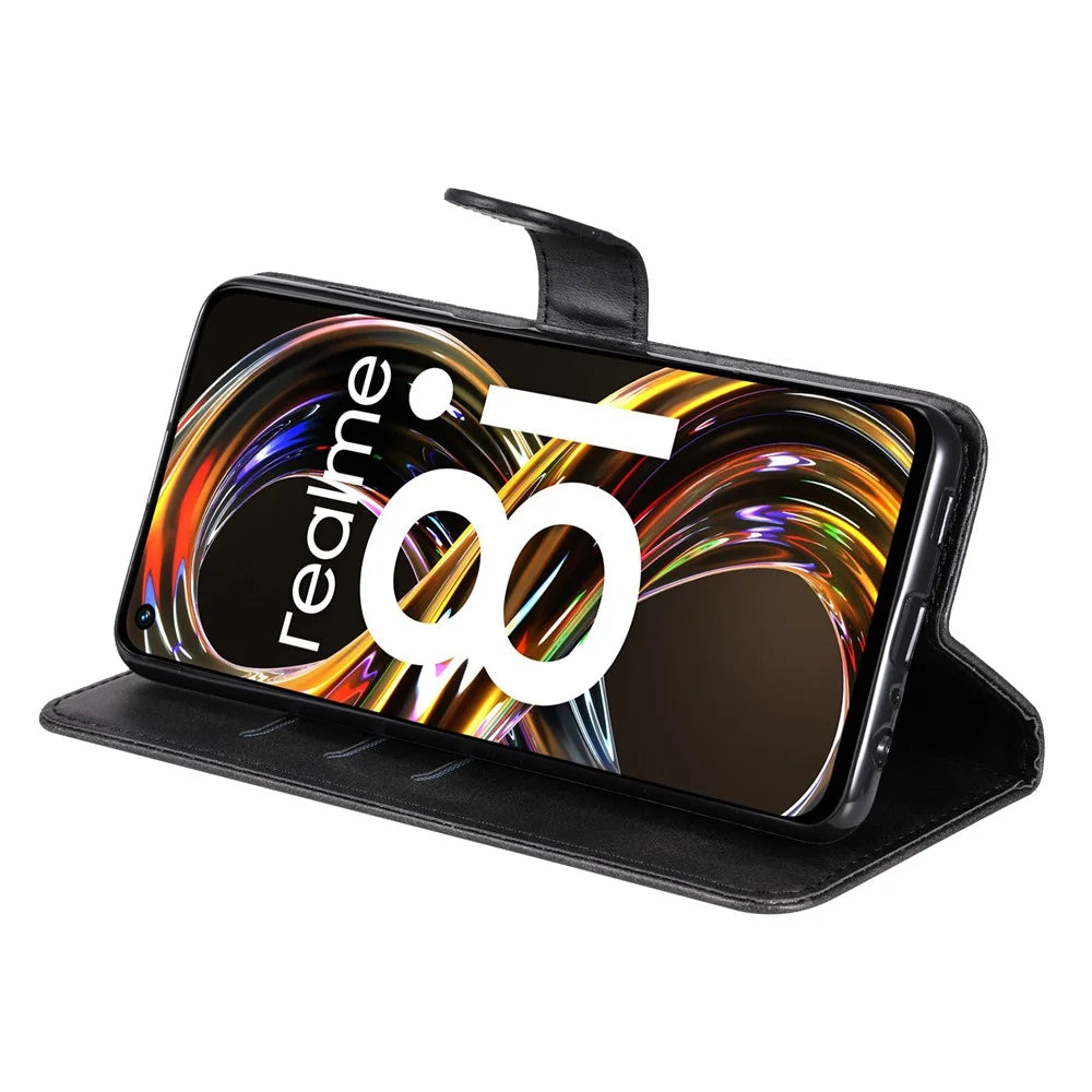 Folio Flip PU Leather Phone Case Zipper Pocket Design Wallet Drop-Resistant Case with Stand for Realme 8i/Narzo 50 4G - Black - 5