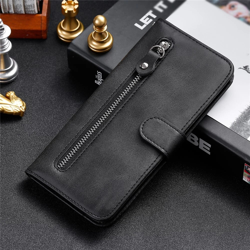 Folio Flip PU Leather Phone Case Zipper Pocket Design Wallet Drop-Resistant Case with Stand for Realme 8i/Narzo 50 4G - Black - 6