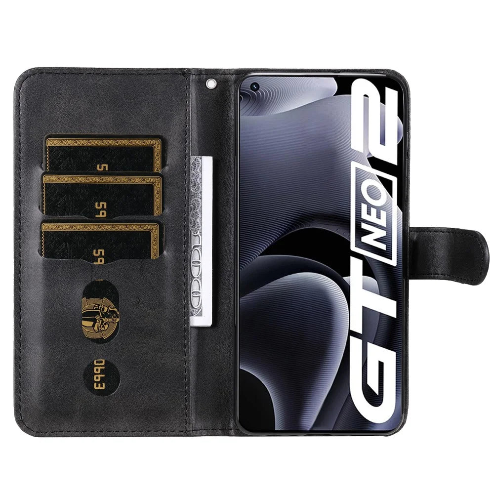Folding PU Leather Phone Case Zipper Coin Pocket Design Case with Wallet Stand for Realme GT Neo2 5G/GT Neo 3T 5G - Black - 4
