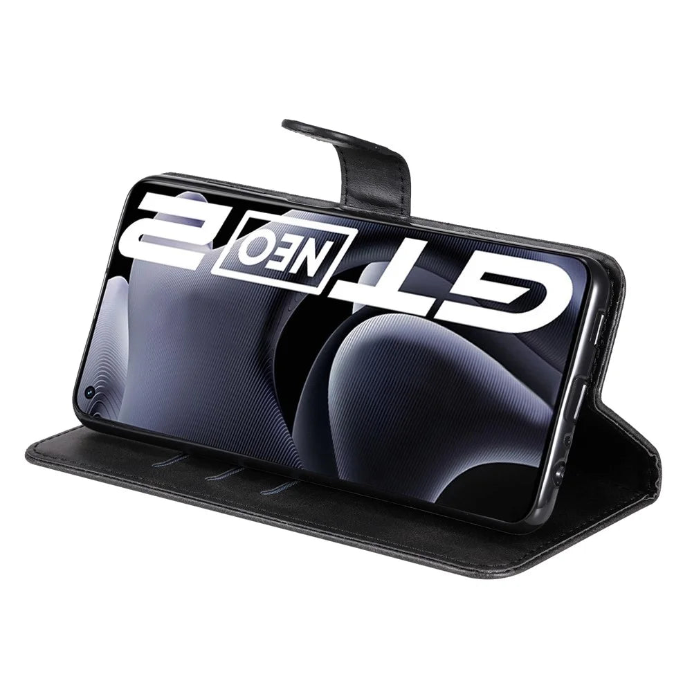 Folding PU Leather Phone Case Zipper Coin Pocket Design Case with Wallet Stand for Realme GT Neo2 5G/GT Neo 3T 5G - Black - 5