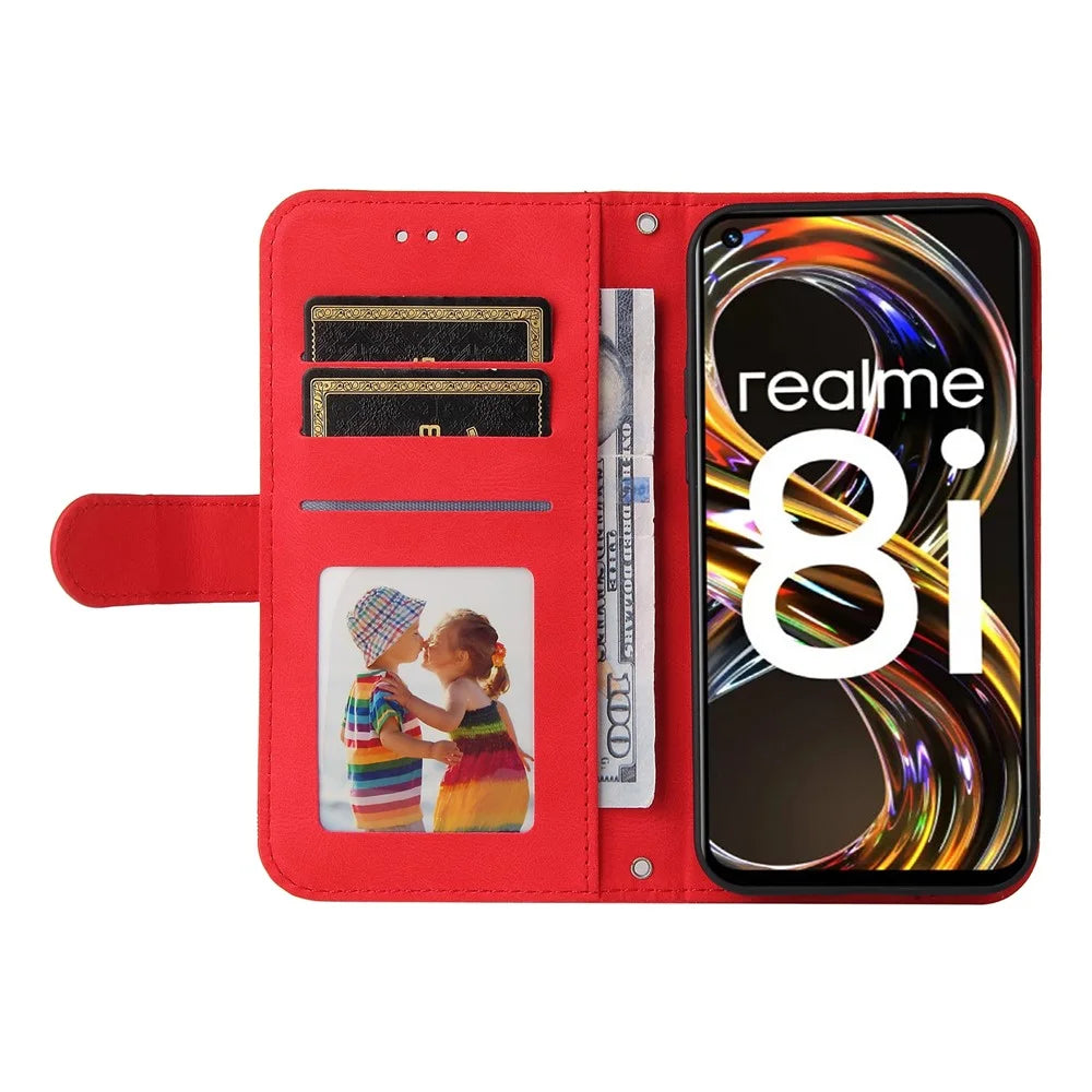 For Realme 8i / Narzo 50 4G Leather Wallet Cases Skin Touch Phone Cover Stand with Strap - Red - 4