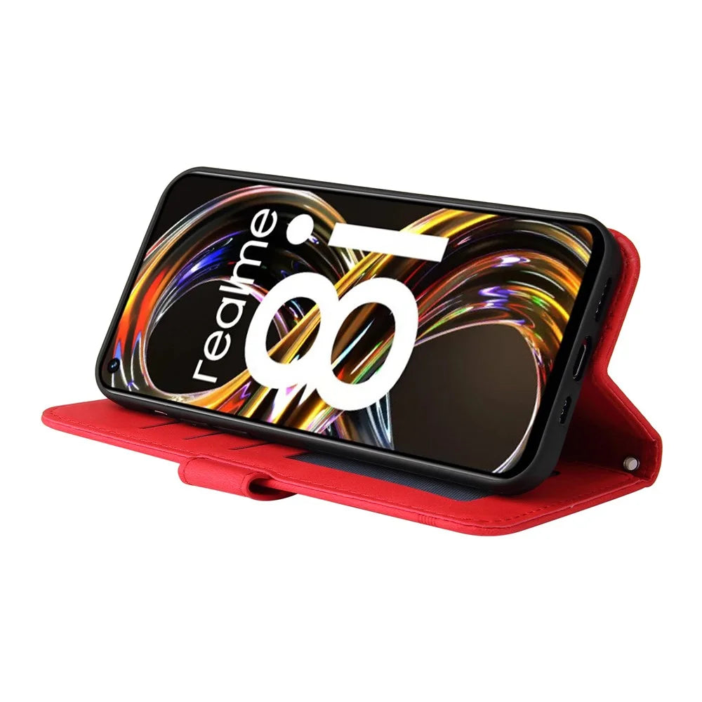 For Realme 8i / Narzo 50 4G Leather Wallet Cases Skin Touch Phone Cover Stand with Strap - Red - 5