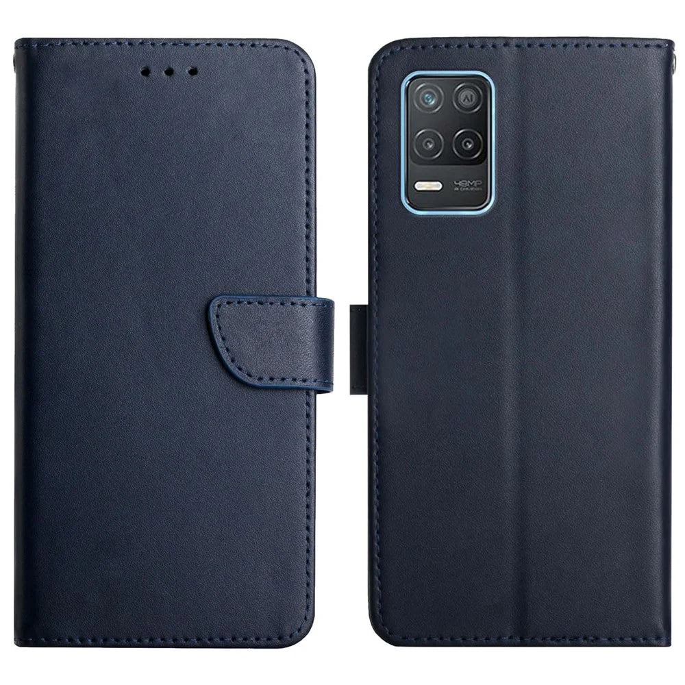 For Realme 8 5G/V13 5G/Narzo 30 5G Phone Cover Nappa Texture Genuine Leather Stand Wallet Protective Case - Blue - 1