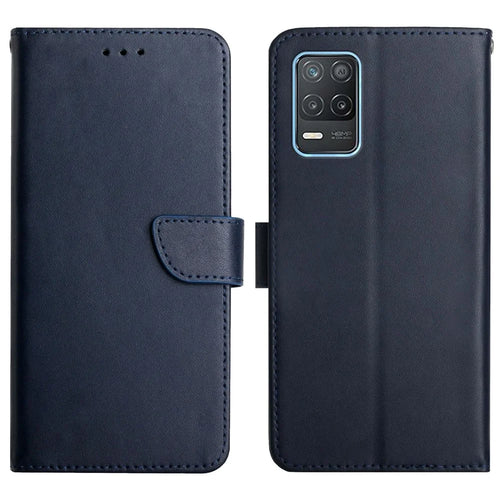 For Realme 8 5G/V13 5G/Narzo 30 5G Phone Cover Nappa Texture Genuine Leather Stand Wallet Protective Case - Blue - 1