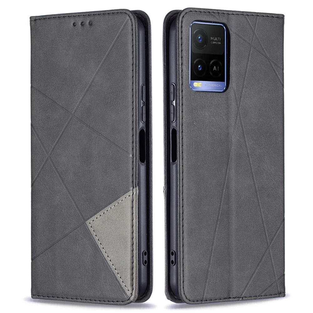 For vivo Y21 Scratch-Resistant Rhombus-Like Protective Phone Cover Imprinting Card Slots Design Leather Stand Phone Case - Black - 1