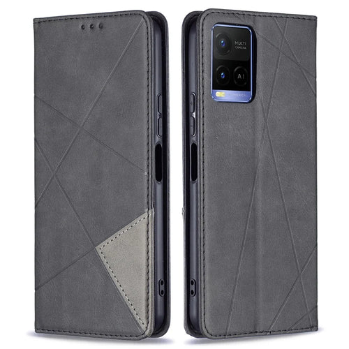 For vivo Y21 Scratch-Resistant Rhombus-Like Protective Phone Cover Imprinting Card Slots Design Leather Stand Phone Case - Black - 1