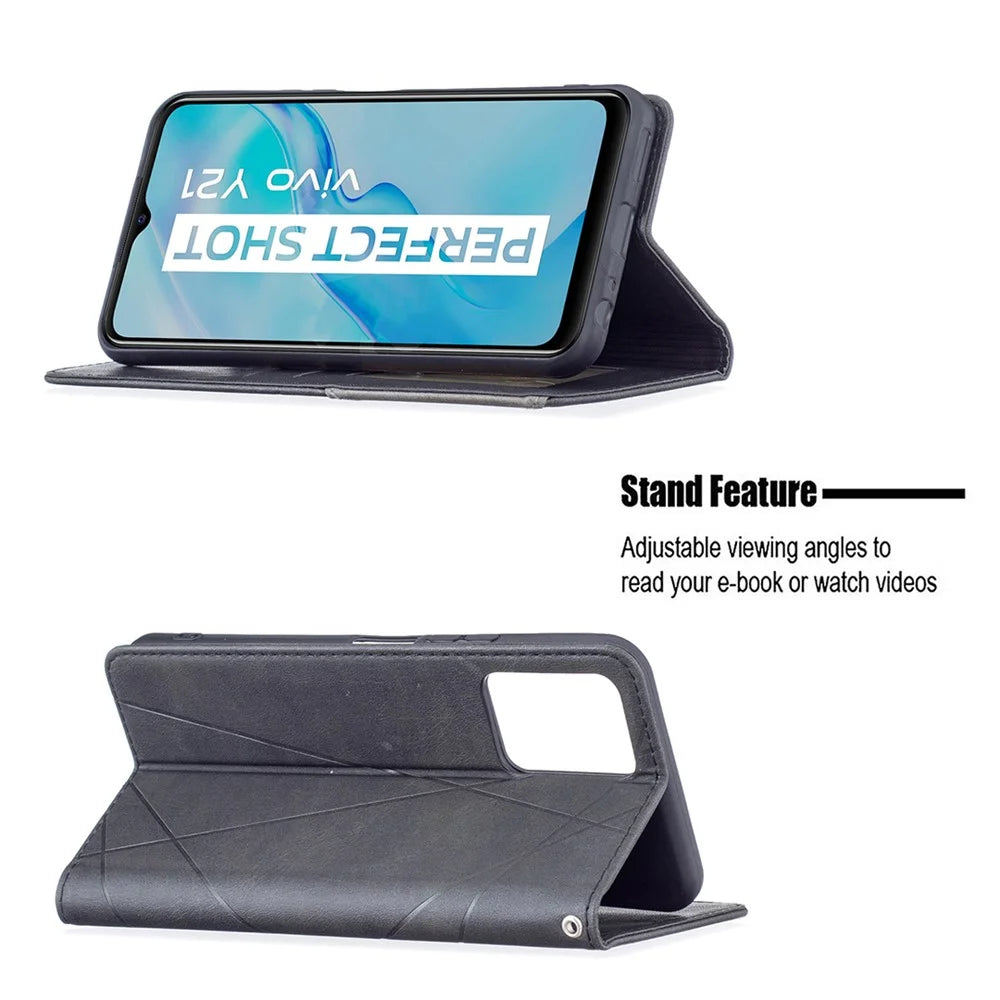 For vivo Y21 Scratch-Resistant Rhombus-Like Protective Phone Cover Imprinting Card Slots Design Leather Stand Phone Case - Black - 2