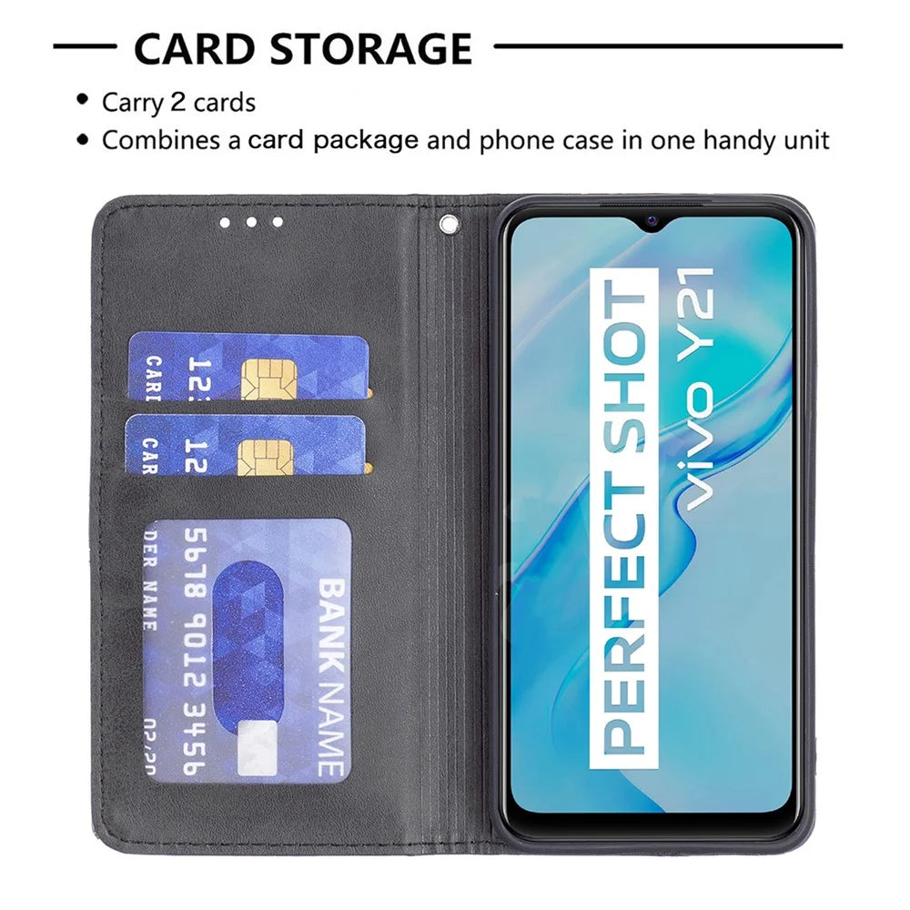 For vivo Y21 Scratch-Resistant Rhombus-Like Protective Phone Cover Imprinting Card Slots Design Leather Stand Phone Case - Black - 4