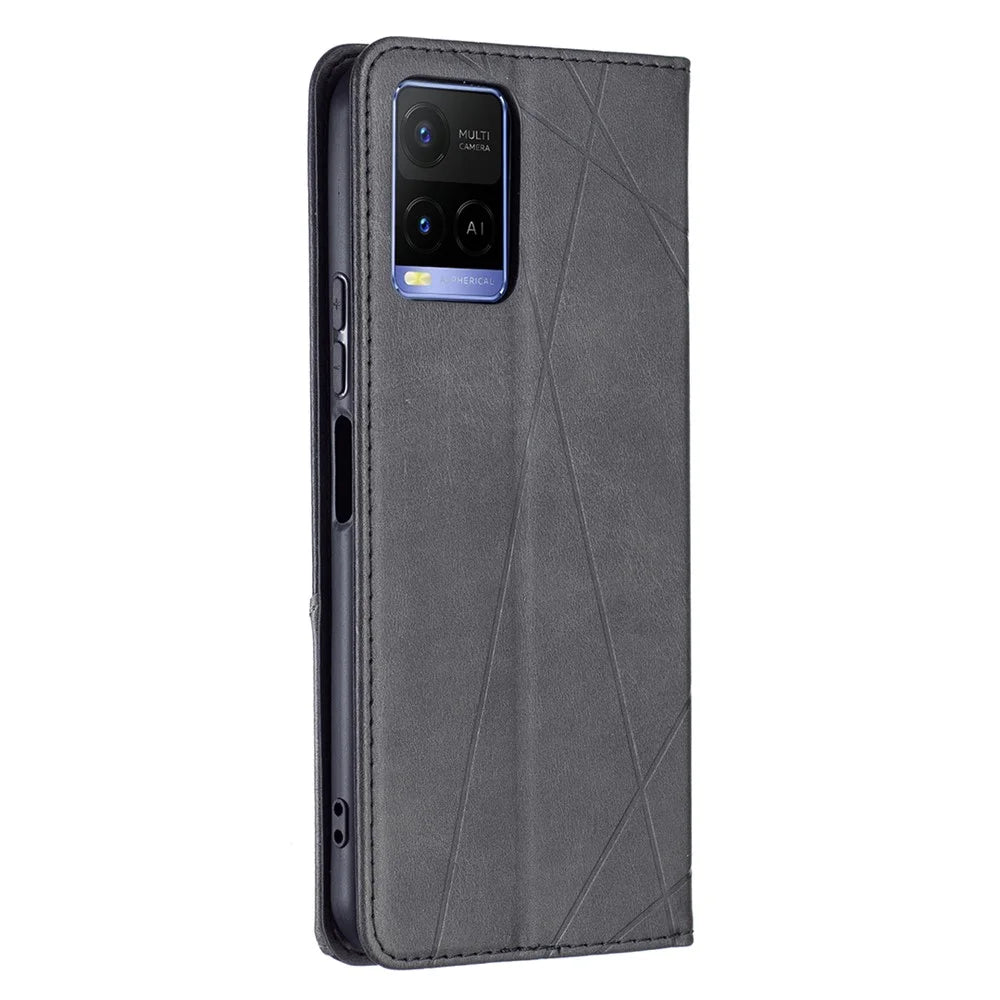 For vivo Y21 Scratch-Resistant Rhombus-Like Protective Phone Cover Imprinting Card Slots Design Leather Stand Phone Case - Black - 6