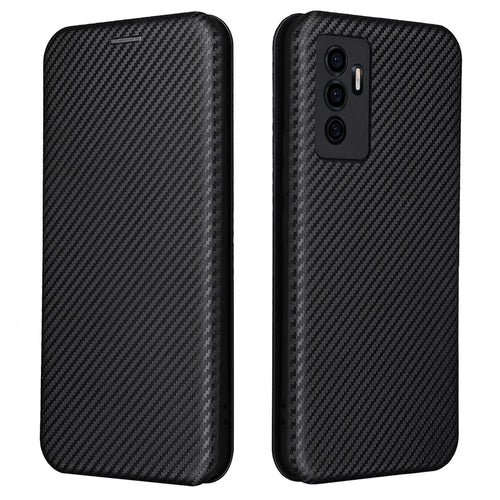 For vivo S10e/V23e Ring Strap Anti-fall Carbon Fiber Texture Auto-absorbed Magnetic Closure Leather Phone Case with Stand - Black - 1