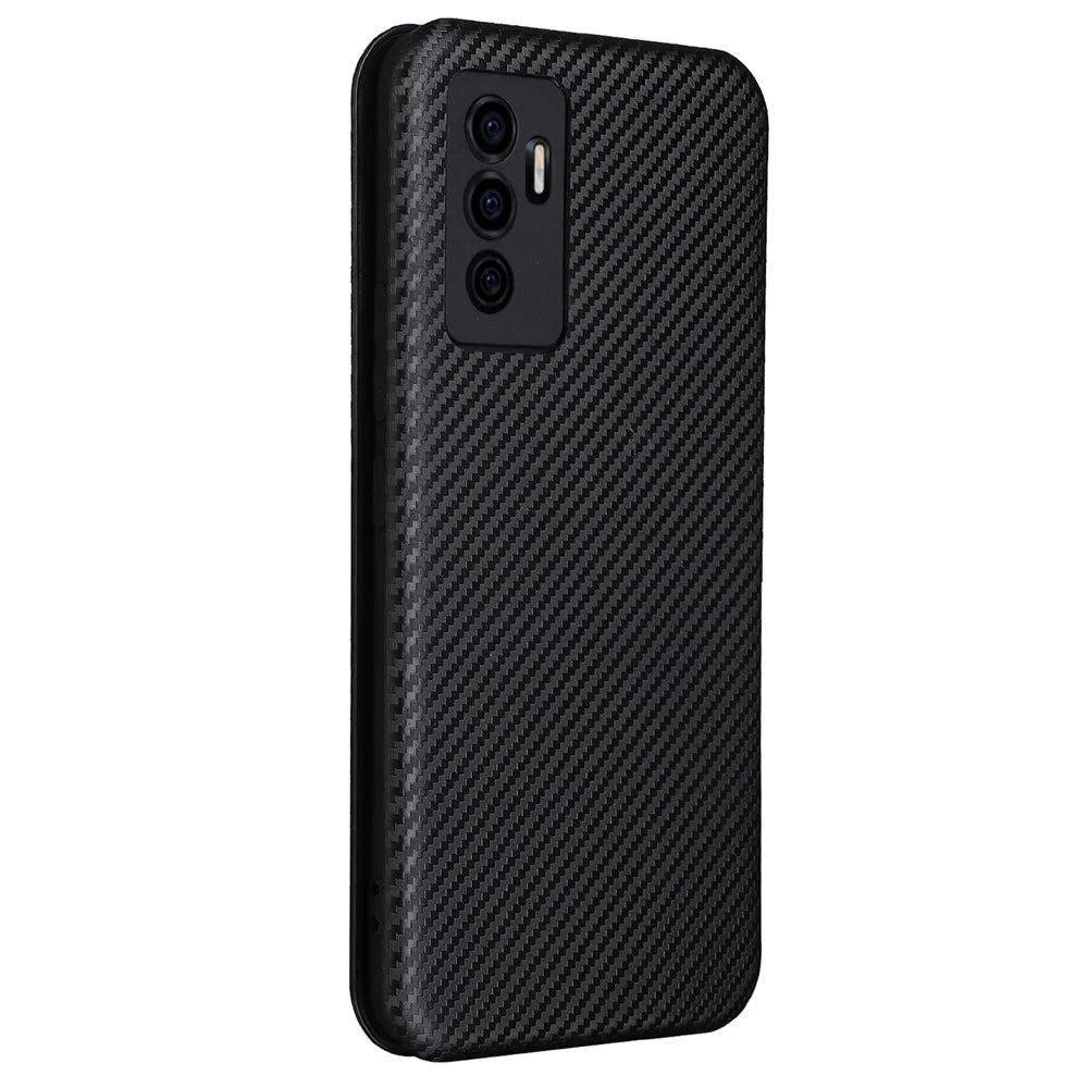 For vivo S10e/V23e Ring Strap Anti-fall Carbon Fiber Texture Auto-absorbed Magnetic Closure Leather Phone Case with Stand - Black - 3