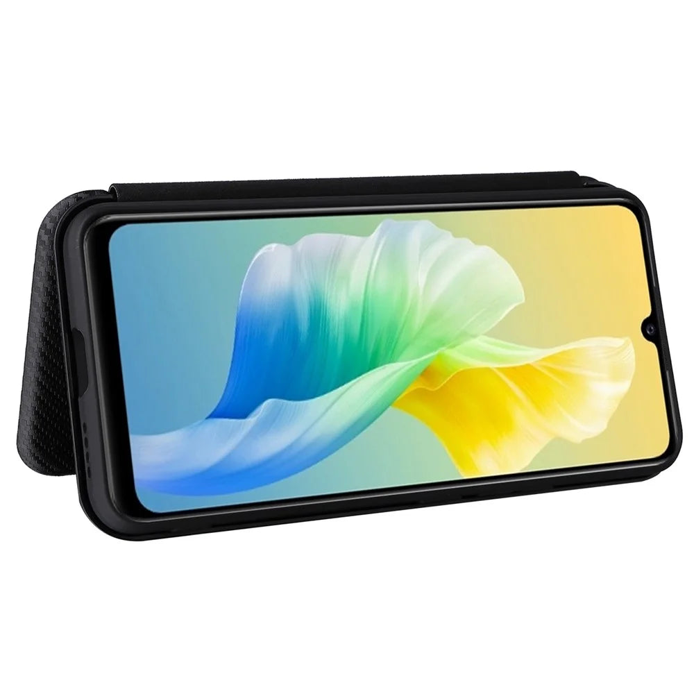 For vivo S10e/V23e Ring Strap Anti-fall Carbon Fiber Texture Auto-absorbed Magnetic Closure Leather Phone Case with Stand - Black - 4