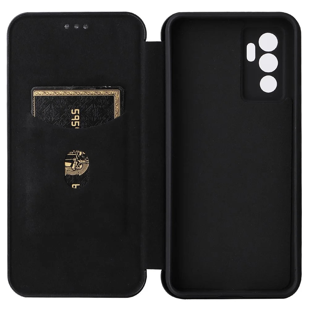 For vivo S10e/V23e Ring Strap Anti-fall Carbon Fiber Texture Auto-absorbed Magnetic Closure Leather Phone Case with Stand - Black - 5