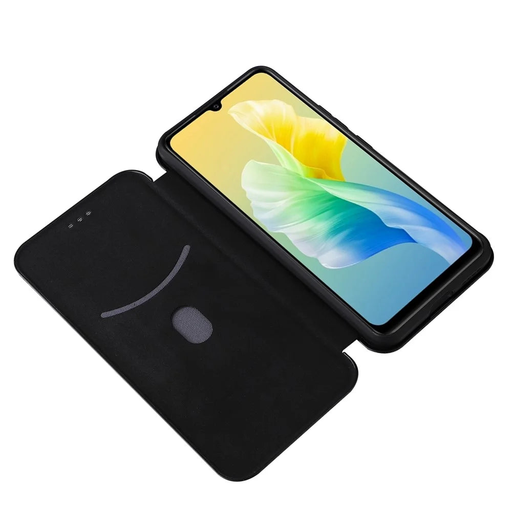 For vivo S10e/V23e Ring Strap Anti-fall Carbon Fiber Texture Auto-absorbed Magnetic Closure Leather Phone Case with Stand - Black - 6