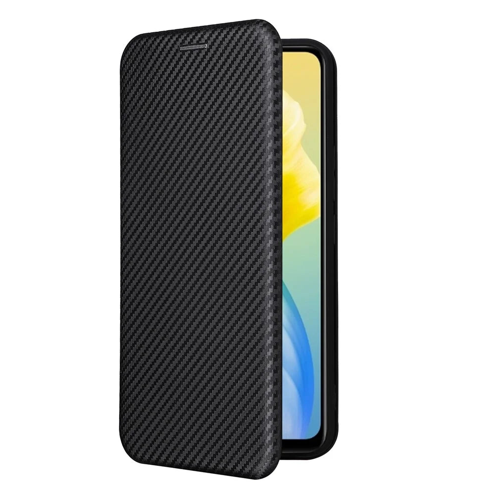 For vivo S10e/V23e Ring Strap Anti-fall Carbon Fiber Texture Auto-absorbed Magnetic Closure Leather Phone Case with Stand - Black - 7