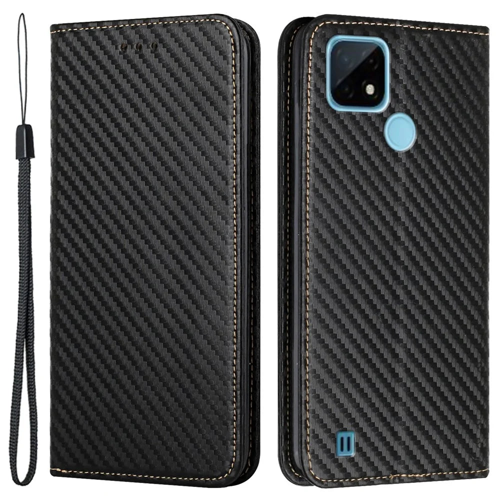 Carbon Fiber Texture PU Leather Case Auto Magnetic Closed Flip Stand Wallet Cover for Realme C21 - Black - 1