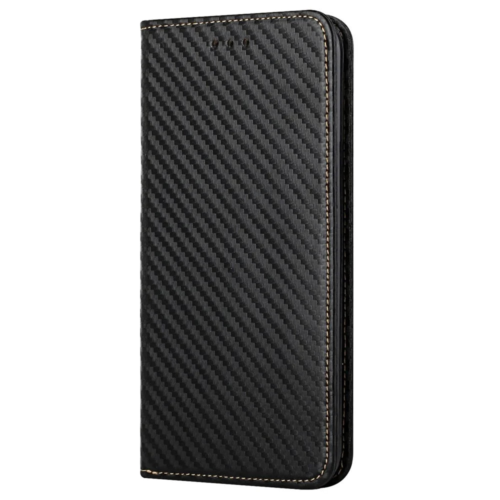 Carbon Fiber Texture PU Leather Case Auto Magnetic Closed Flip Stand Wallet Cover for Realme C21 - Black - 2