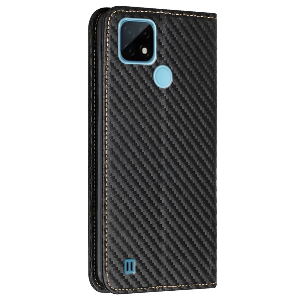 Carbon Fiber Texture PU Leather Case Auto Magnetic Closed Flip Stand Wallet Cover for Realme C21 - Black - 3