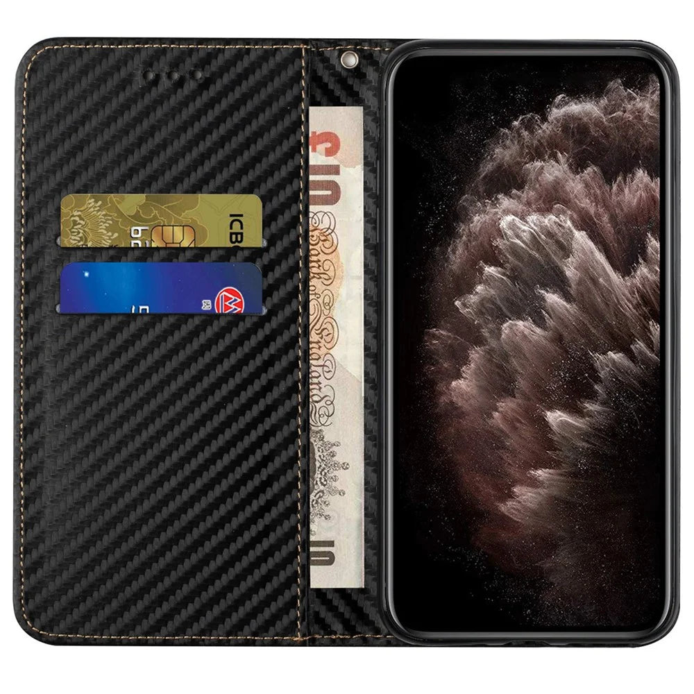 Carbon Fiber Texture PU Leather Case Auto Magnetic Closed Flip Stand Wallet Cover for Realme C21 - Black - 4