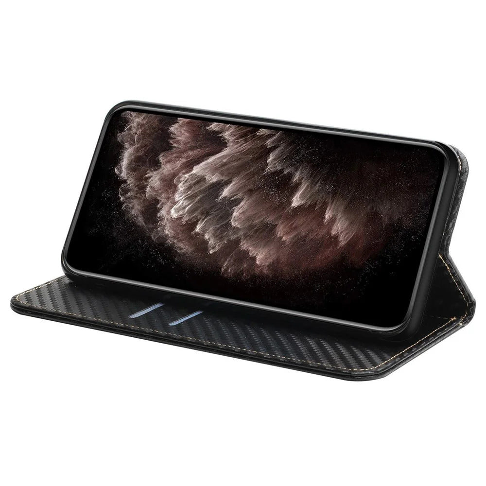 Carbon Fiber Texture PU Leather Case Auto Magnetic Closed Flip Stand Wallet Cover for Realme C21 - Black - 5