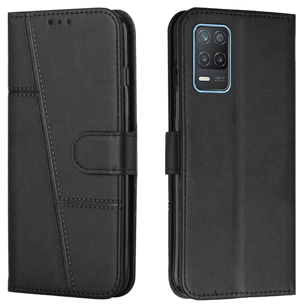 Splicing Leather Cover Horizontal Flip Stand Wallet Phone Case with Wrist Strap for Realme 8 5G/V13 5G/Narzo 30 5G - Black - 1