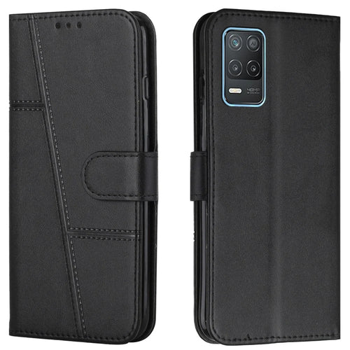 Splicing Leather Cover Horizontal Flip Stand Wallet Phone Case with Wrist Strap for Realme 8 5G/V13 5G/Narzo 30 5G - Black - 1