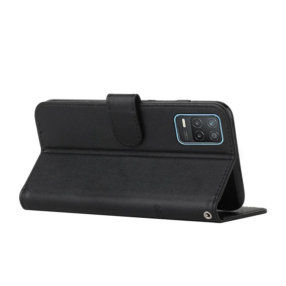 Splicing Leather Cover Horizontal Flip Stand Wallet Phone Case with Wrist Strap for Realme 8 5G/V13 5G/Narzo 30 5G - Black - 7