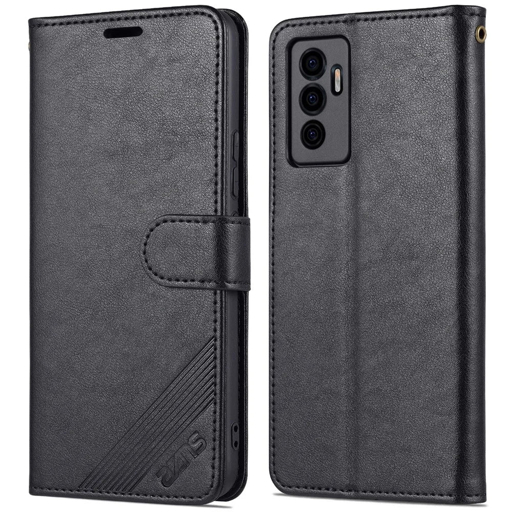 AZNS PU Leather Cover + Soft Inner TPU Case Phone Protector with Stand Wallet for vivo S10e/V23e 4G/V23e 5G - Black - 1