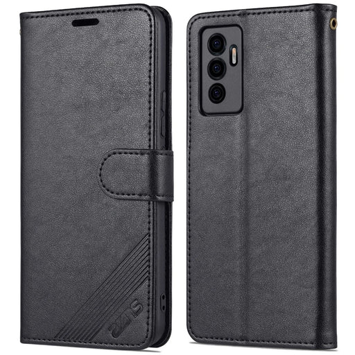 AZNS PU Leather Cover + Soft Inner TPU Case Phone Protector with Stand Wallet for vivo S10e/V23e 4G/V23e 5G - Black - 1