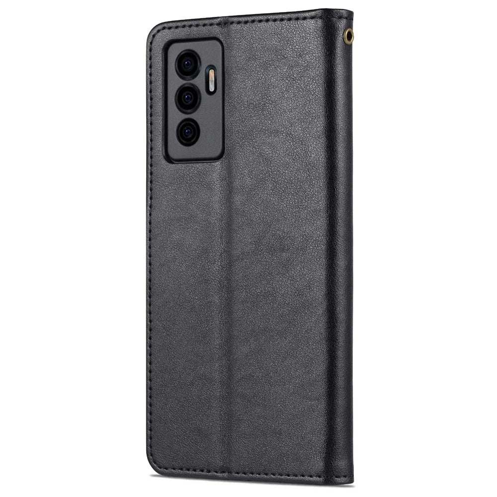 AZNS PU Leather Cover + Soft Inner TPU Case Phone Protector with Stand Wallet for vivo S10e/V23e 4G/V23e 5G - Black - 3