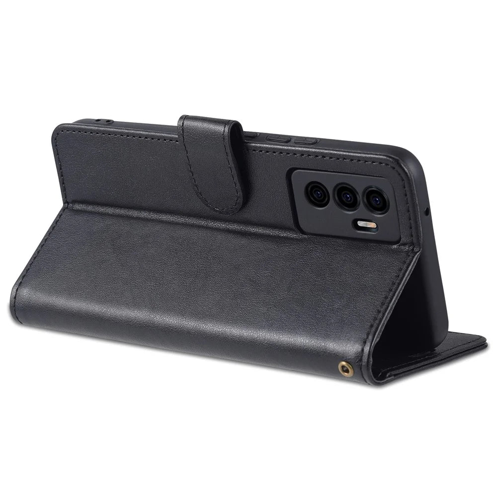 AZNS PU Leather Cover + Soft Inner TPU Case Phone Protector with Stand Wallet for vivo S10e/V23e 4G/V23e 5G - Black - 5