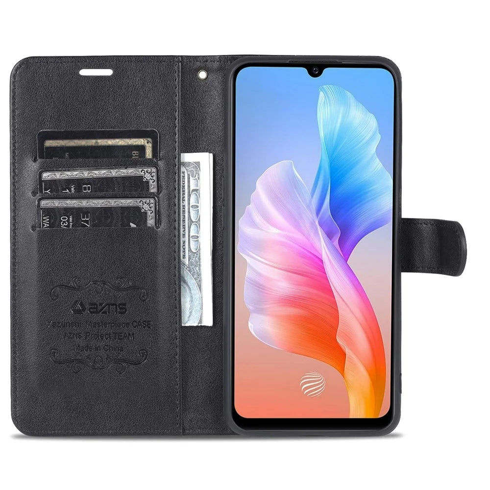 AZNS PU Leather Cover + Soft Inner TPU Case Phone Protector with Stand Wallet for vivo S10e/V23e 4G/V23e 5G - Black - 6