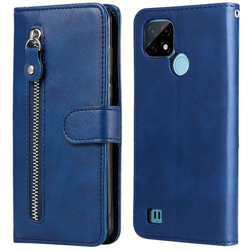 Shockproof Anti-scratch Phone Covering PU Leather Zippered Pocket Phone Case Coin Wallet Stand Folding Case for Realme C21Y/C21/C25Y - Blue - 1