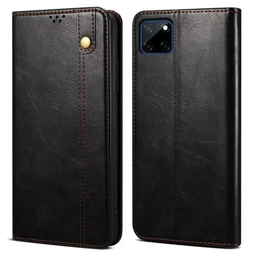 Anti-fall Waxy Crazy Horse Texture PU Leather Wallet Case Stand Magnetic Absorption Phone Cover for Realme C21Y/C25Y - Black - 1