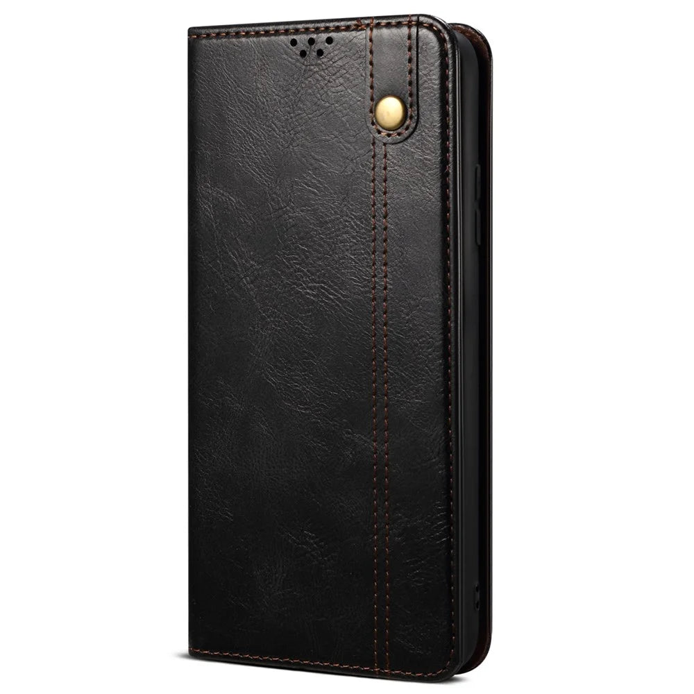 Anti-fall Waxy Crazy Horse Texture PU Leather Wallet Case Stand Magnetic Absorption Phone Cover for Realme C21Y/C25Y - Black - 2