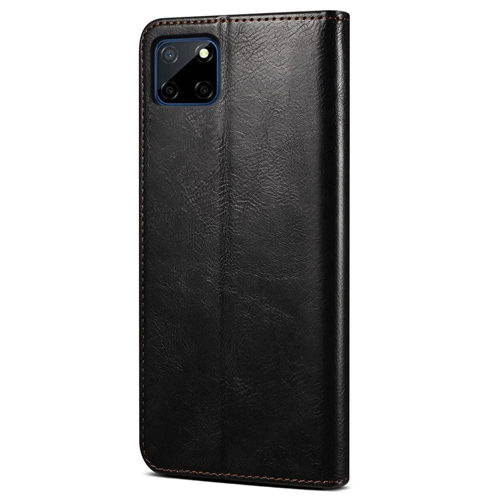 Anti-fall Waxy Crazy Horse Texture PU Leather Wallet Case Stand Magnetic Absorption Phone Cover for Realme C21Y/C25Y - Black - 3