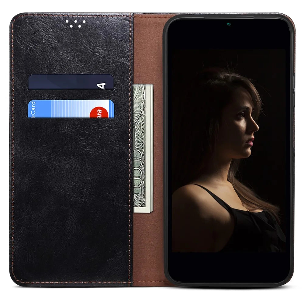 Anti-fall Waxy Crazy Horse Texture PU Leather Wallet Case Stand Magnetic Absorption Phone Cover for Realme C21Y/C25Y - Black - 6