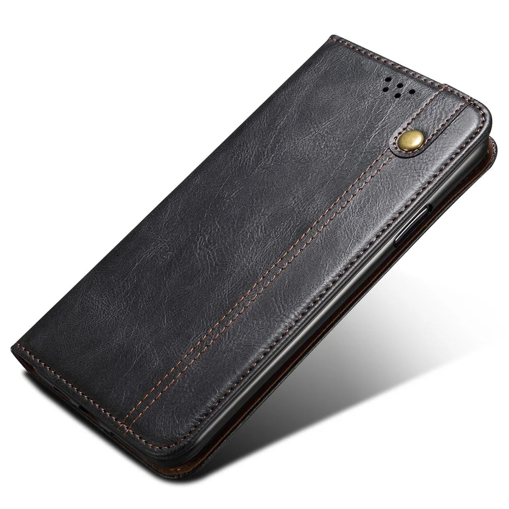 Anti-fall Waxy Crazy Horse Texture PU Leather Wallet Case Stand Magnetic Absorption Phone Cover for Realme C21Y/C25Y - Black - 7