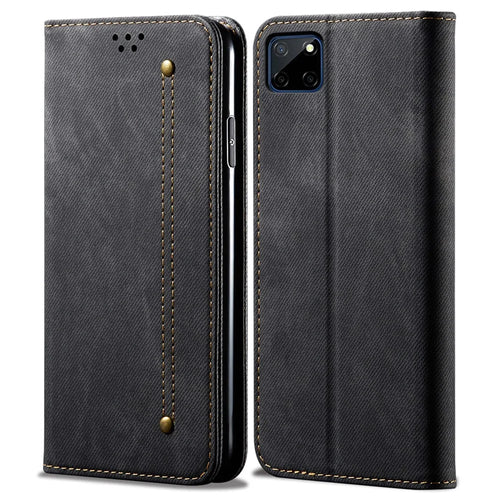 Jeans Cloth Texture Well-protected PU Leather Flip Case Wallet Stand TPU Inner Shell Phone Cover for Realme C21Y/C25Y - Black - 1