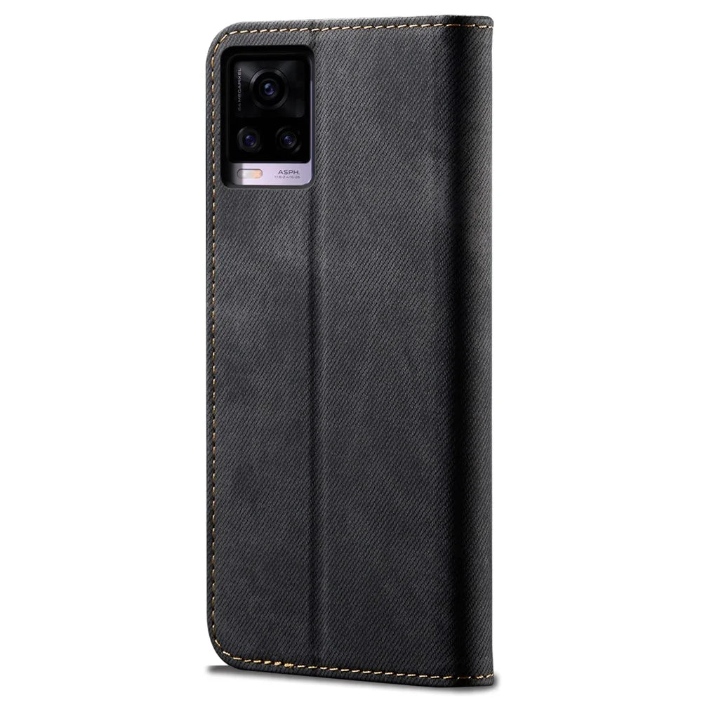 Jeans Cloth Texture Well-protected PU Leather Flip Case Wallet Stand TPU Inner Shell Phone Cover for Realme C21Y/C25Y - Black - 3