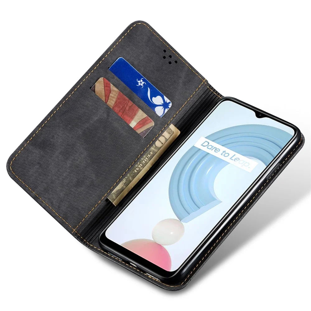Jeans Cloth Texture Well-protected PU Leather Flip Case Wallet Stand TPU Inner Shell Phone Cover for Realme C21Y/C25Y - Black - 5