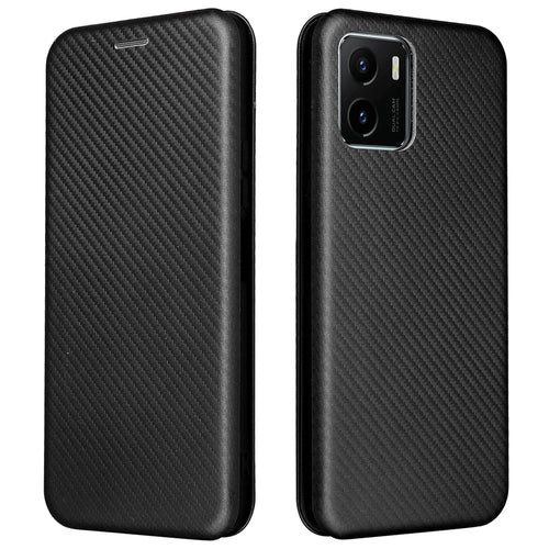 Carbon Fiber Texture PU Leather Case Stand Card Slot Magnetic Auto Closing Phone Case Shell for vivo Y15s / Y15a - Black - 1